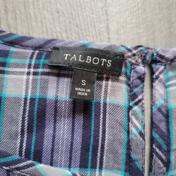 Talbots Plaid Scalloped Trim Floral Embroidered Top Blouse Size S Blue Purple - Picture 8 of 8